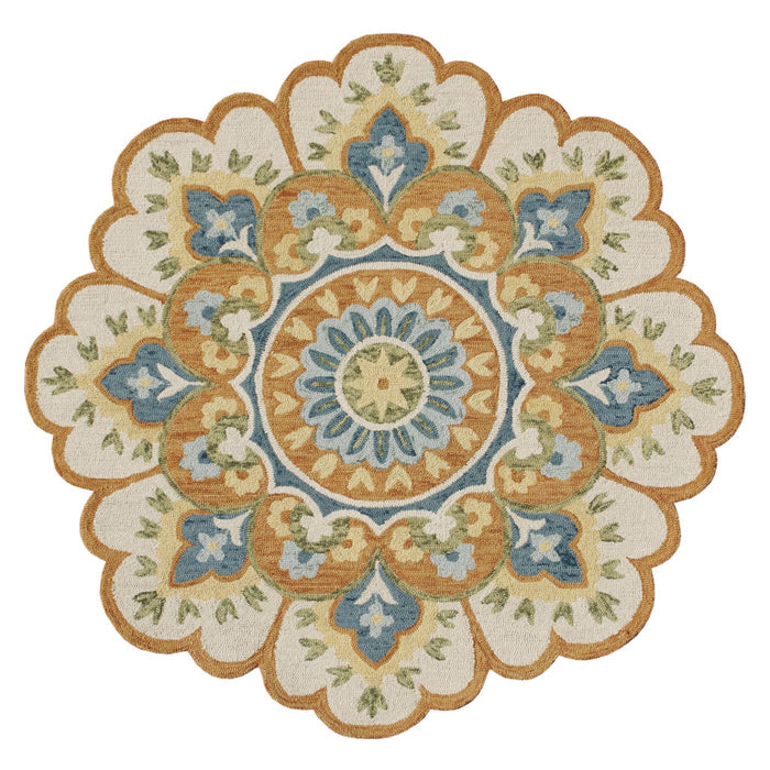 6' Orange and Blue Round Wool Floral Hand Tufted Area Rug