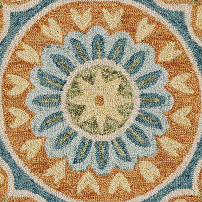 6' Orange and Blue Round Wool Floral Hand Tufted Area Rug