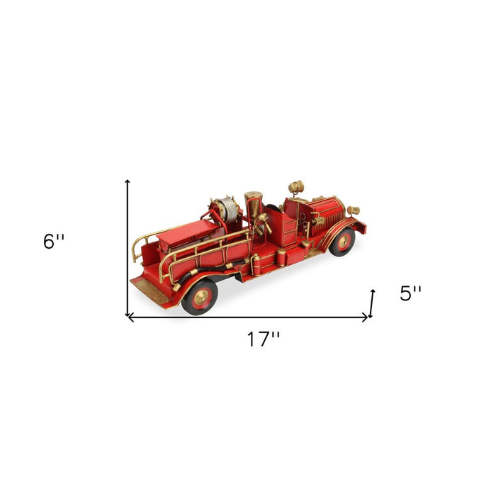 6" Red and Gold Metal Hand Painted Early 20th Century Red Fire Engine Model Car