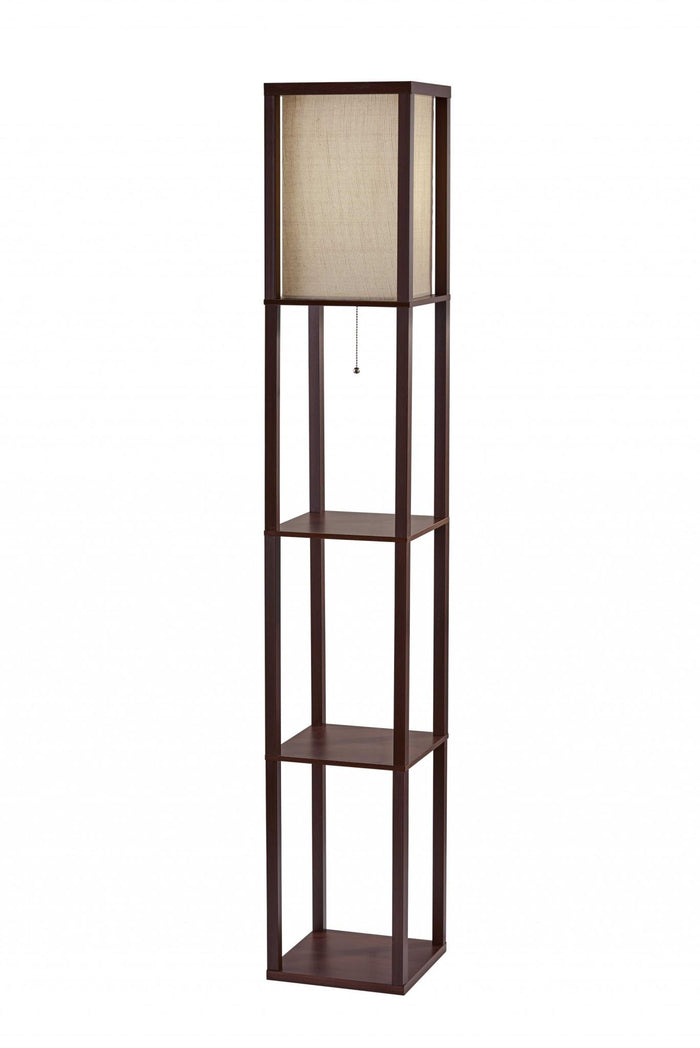 63" Brown Column Floor Lamp With Beige Fabric Square Shade