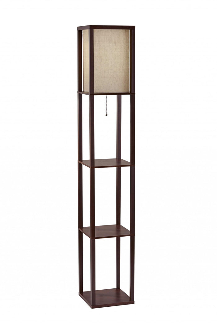 63" Brown Column Floor Lamp With Beige Fabric Square Shade