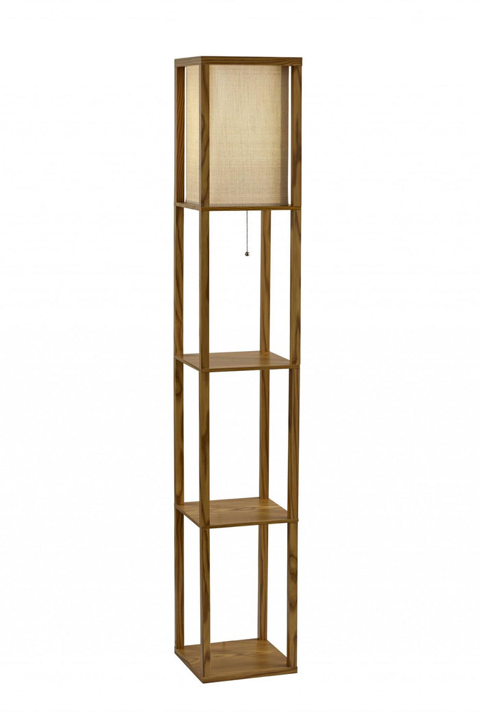 63" Natural Solid Wood Column With Brown Fabric Shade