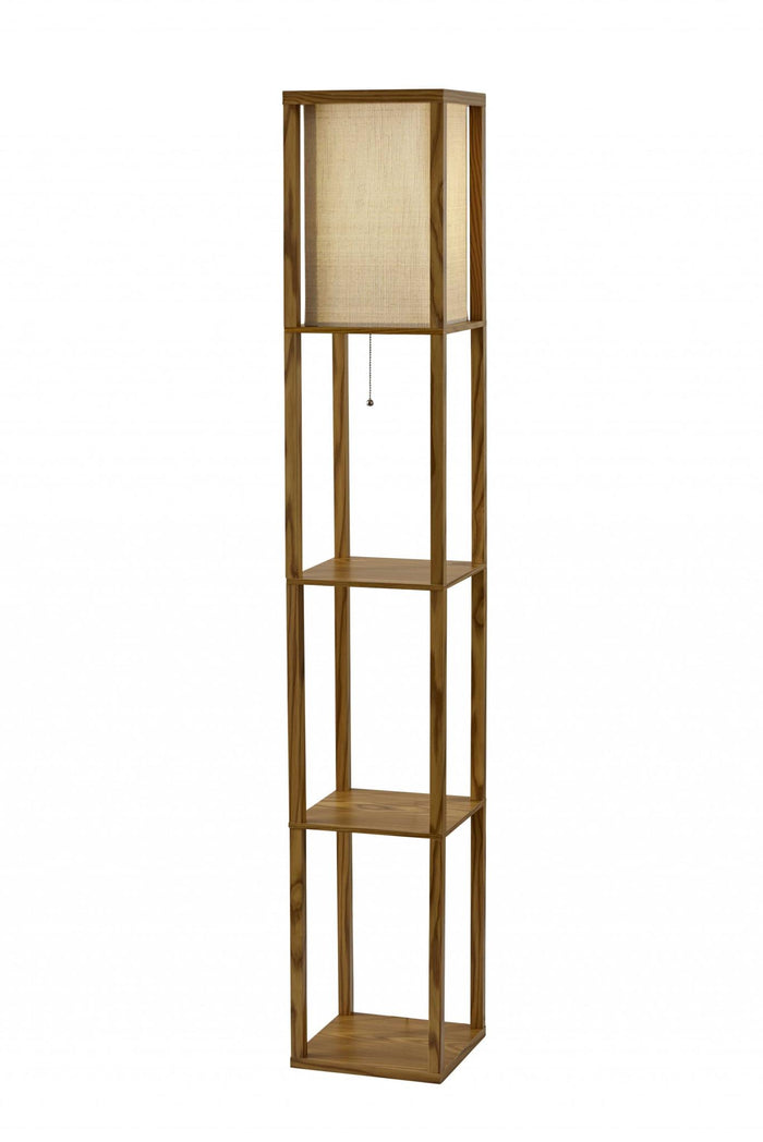 63" Natural Solid Wood Column With Brown Fabric Shade