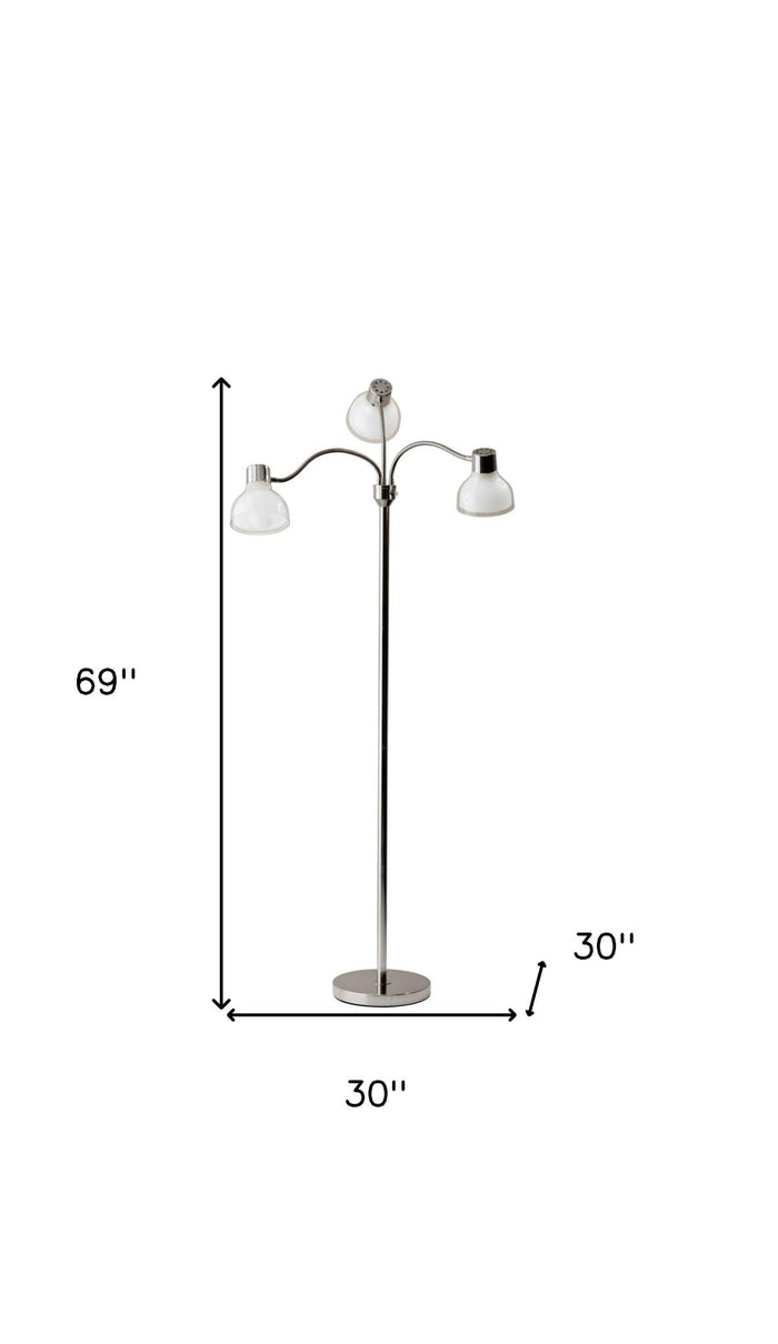 69" Silver Three Light Tree Floor Lamp With White Plastic Bowl Shade