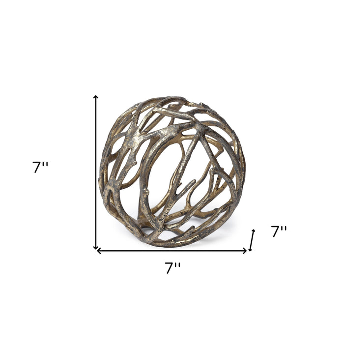 7" Antiqued Gold Rustic Tree Branch Aluminum Orb Tabletop Sculpture