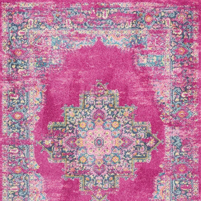 7' X 10' Fuchsia And Blue Oriental Distressed Area Rug