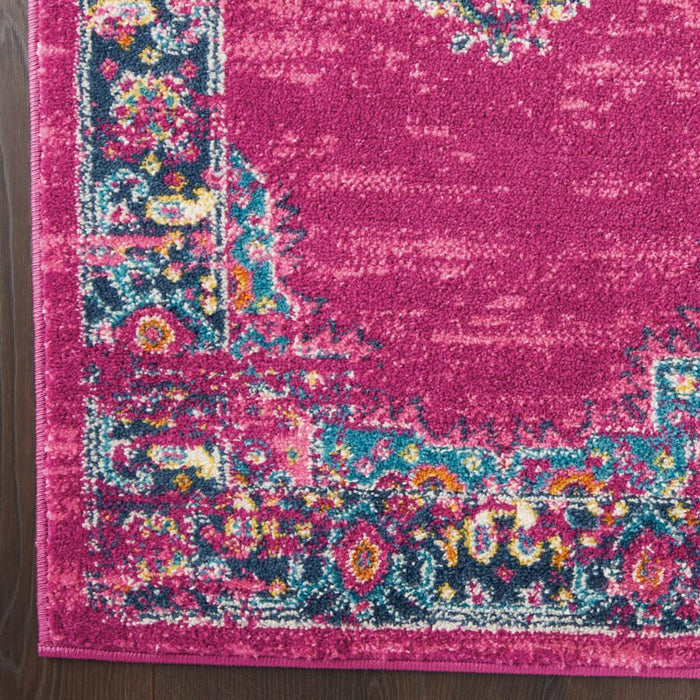 7' X 10' Fuchsia And Blue Oriental Distressed Area Rug