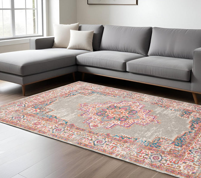 7' X 10' Gray And Gold Medallion Distressed Area Rug