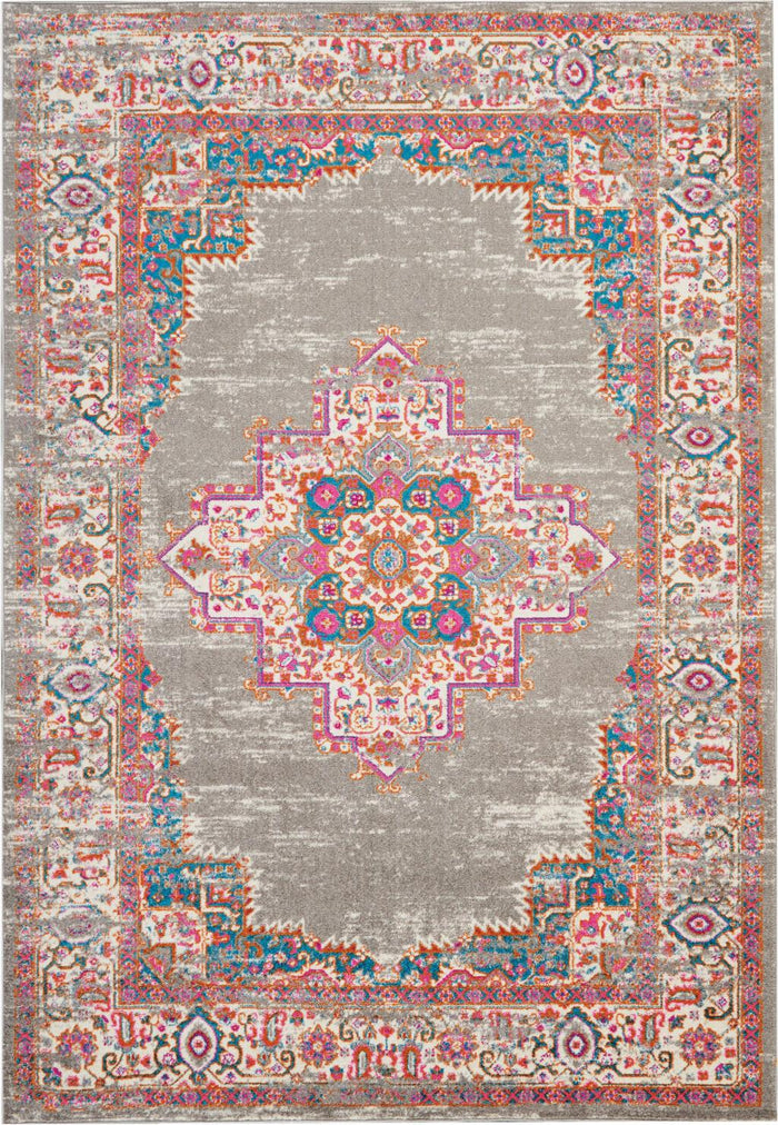 7' X 10' Gray And Gold Medallion Distressed Area Rug