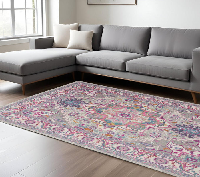 7' X 10' Light Gray And Pink Medallion Area Rug
