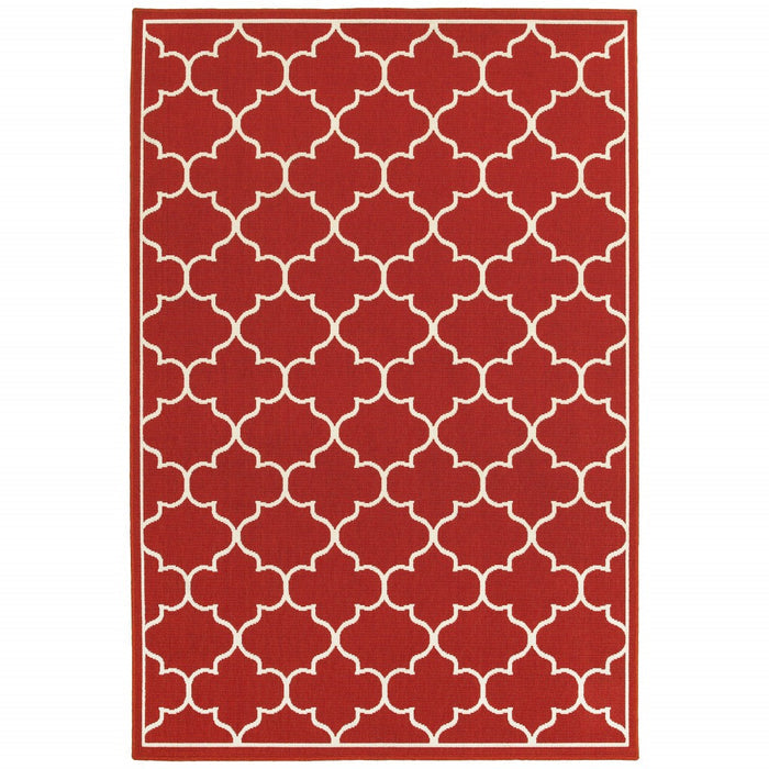 7' X 10' Red And Ivory Indoor Outdoor Area Rug