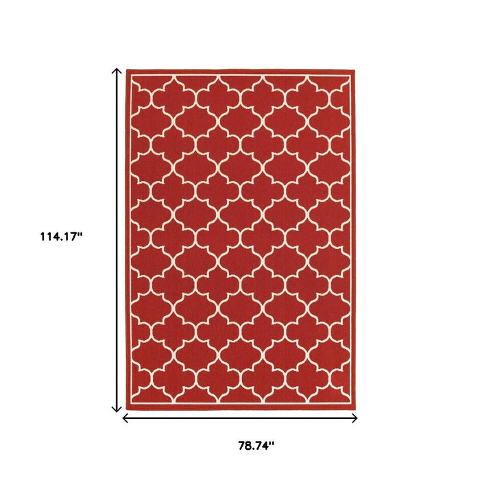 7' X 10' Red And Ivory Indoor Outdoor Area Rug