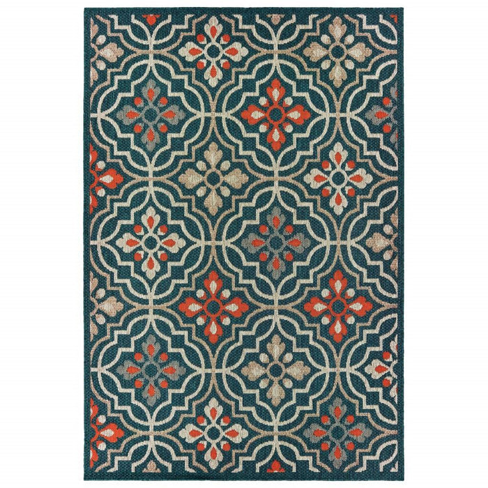 7' X 9' Blue and Orange Moroccan Indoor Outdoor Area Rug