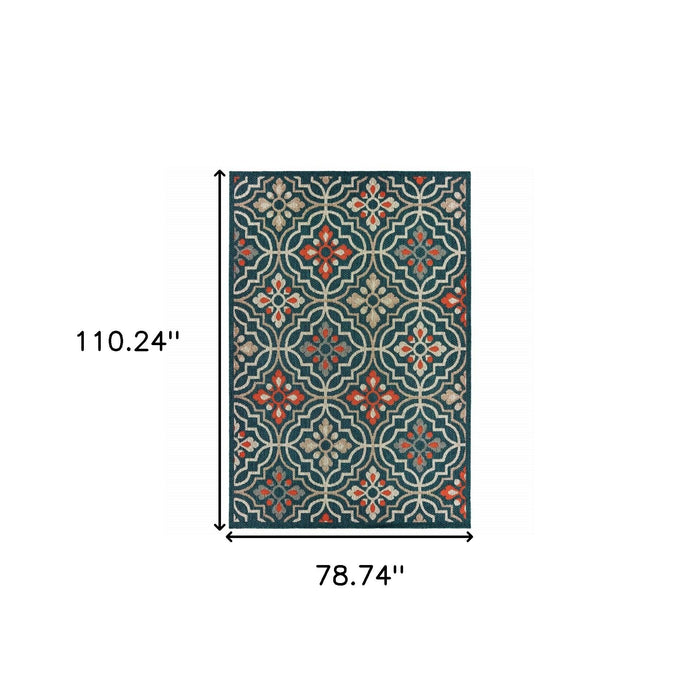 7' X 9' Blue and Orange Moroccan Indoor Outdoor Area Rug
