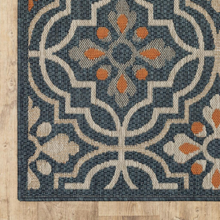 7' X 9' Blue and Orange Moroccan Indoor Outdoor Area Rug