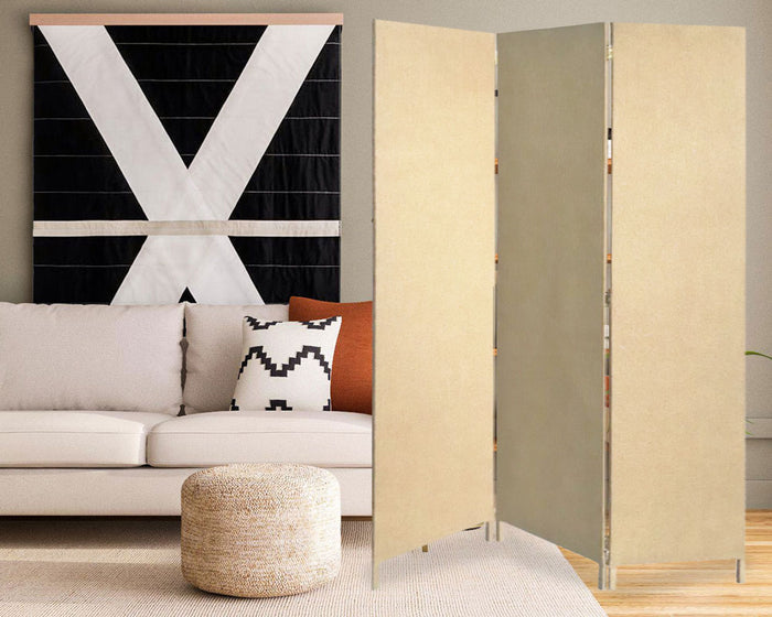 71" Beige Folding Three Panel Screen Room Divider