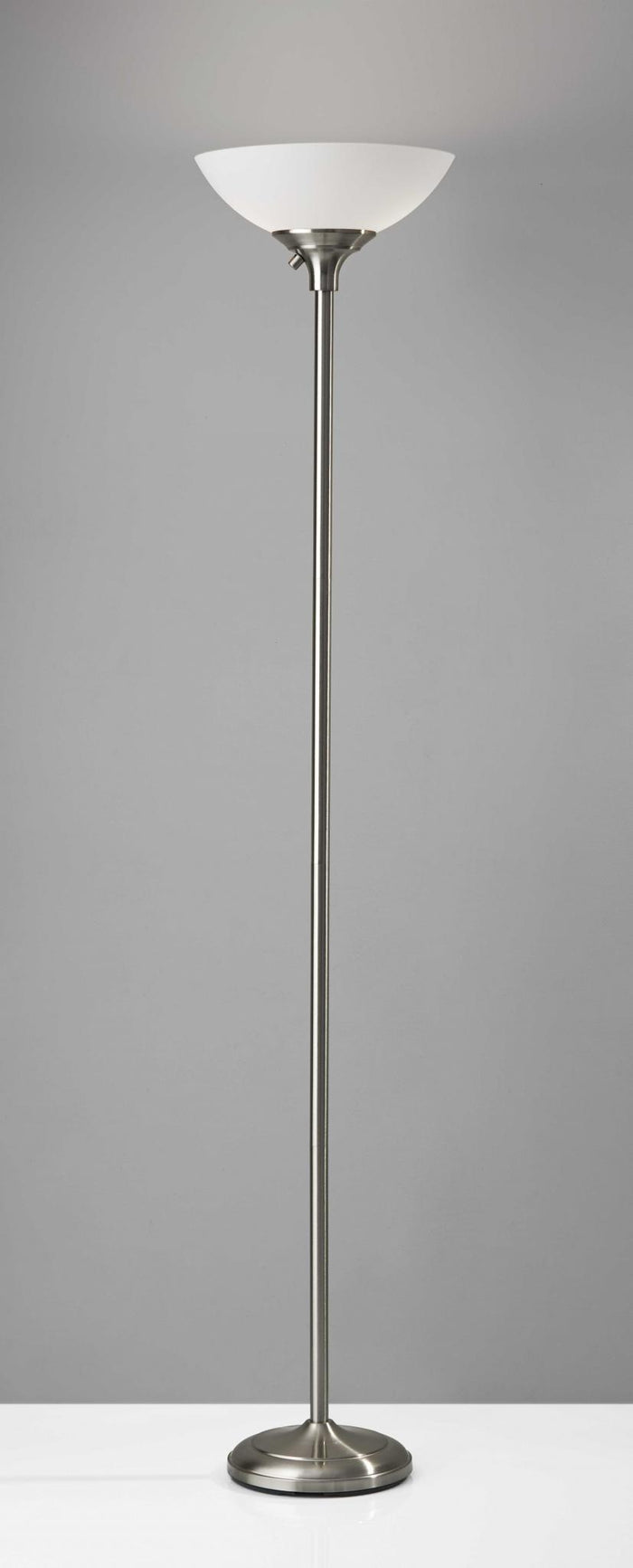 71" Silver Metal Torchiere Floor Lamp With White Bowl Shade