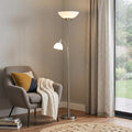 71" Silver Metal Two Light Torchiere Floor Lamp With White Bowl Shade