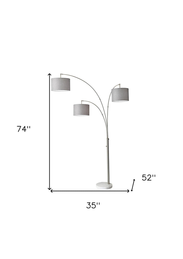 74" Silver Three Light Adjustable Tree Floor Lamp With Gray Linen Drum Shade
