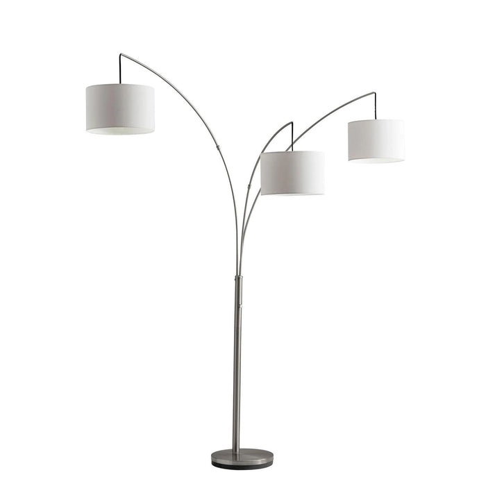 74" Silver Three Light Tree Floor Lamp With White Linen Drum Shade