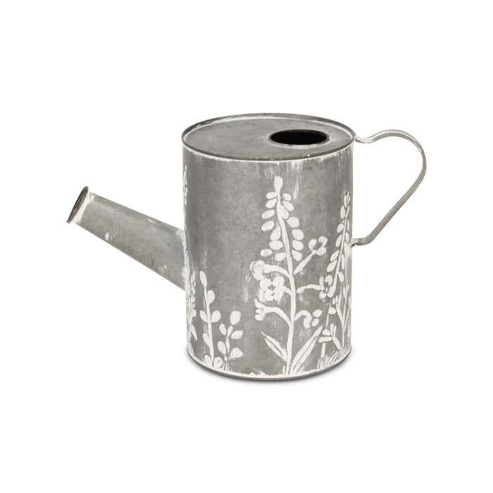 8" Gray And White Galvanized Metal Flowers Hand Painted Decorative Watering Can