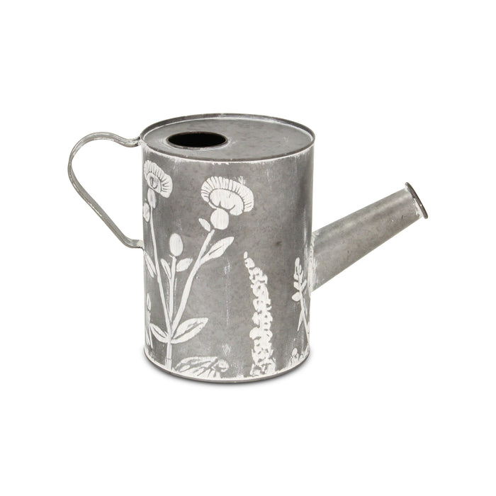 8" Gray And White Galvanized Metal Flowers Hand Painted Decorative Watering Can