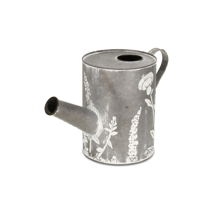 8" Gray And White Galvanized Metal Flowers Hand Painted Decorative Watering Can