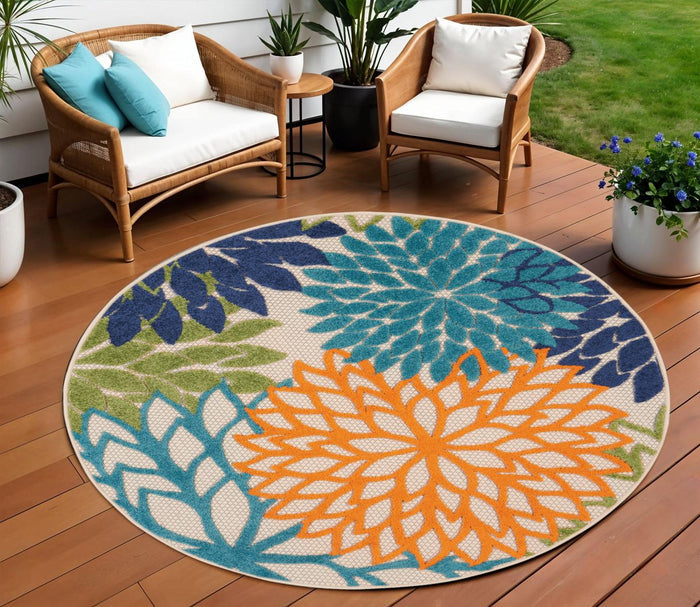 8' Ivory And Blue Round Indoor Outdoor Area Rug
