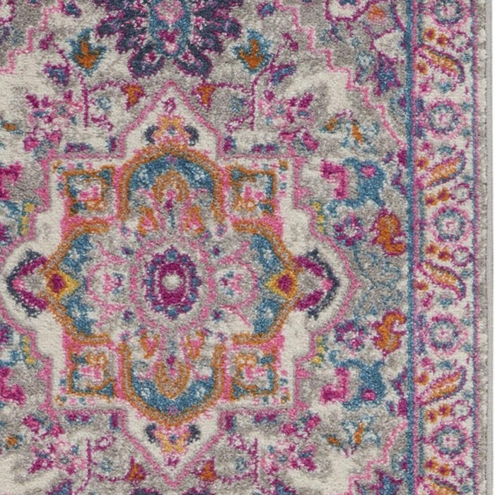 8' Light Gray And Pink Medallion Runner Rug
