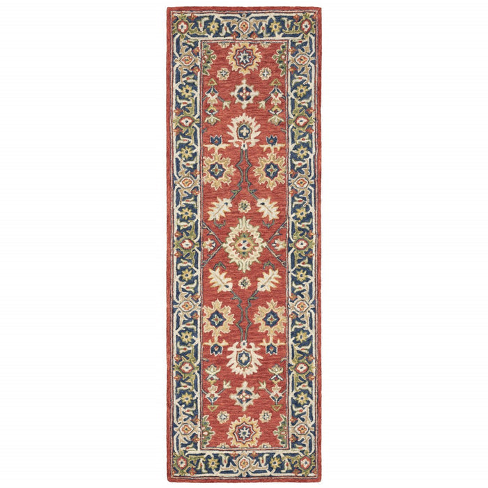 8' Red And Green Wool Hand Tufted Runner Rug