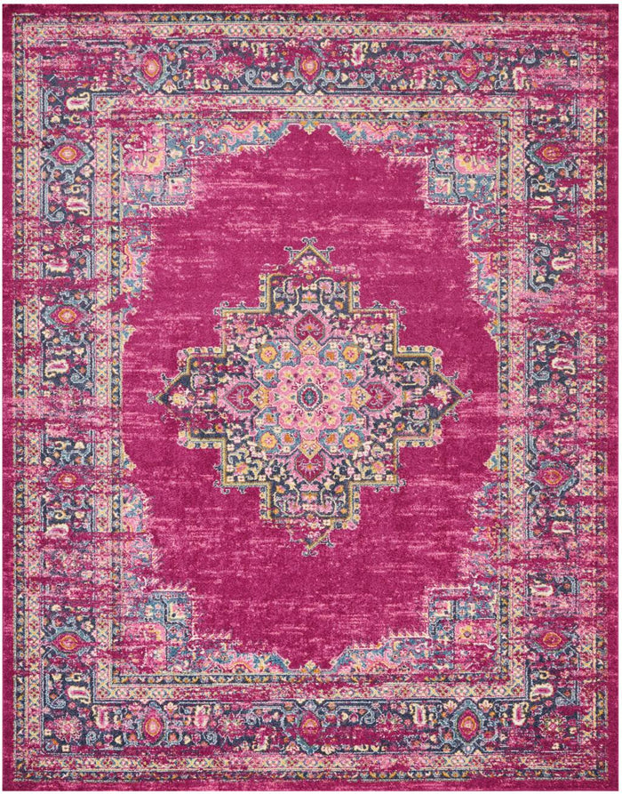 8' X 10' Fuchsia And Blue Oriental Distressed Area Rug