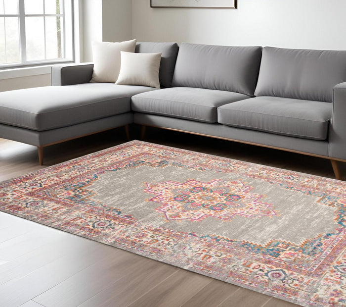 8' X 10' Gray And Gold Medallion Distressed Area Rug