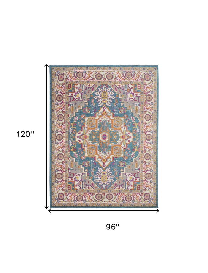 8' X 10' Teal And Ivory Medallion Distressed Area Rug