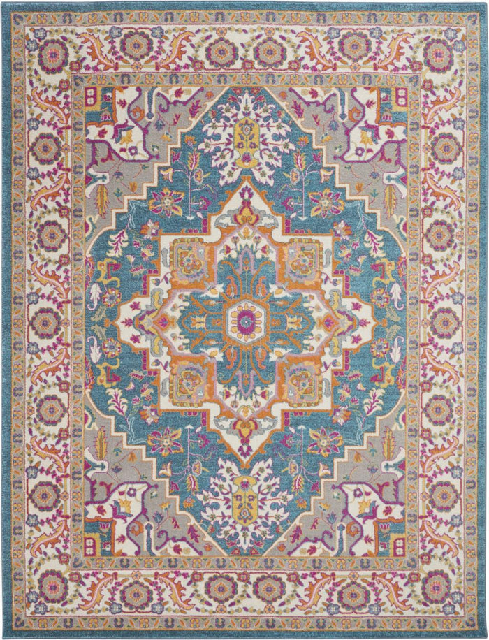 8' X 10' Teal And Ivory Medallion Distressed Area Rug