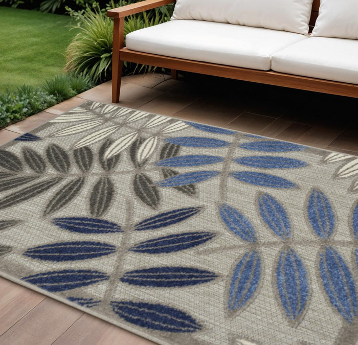 8' X 11' Blue And Gray Floral Indoor Outdoor Area Rug