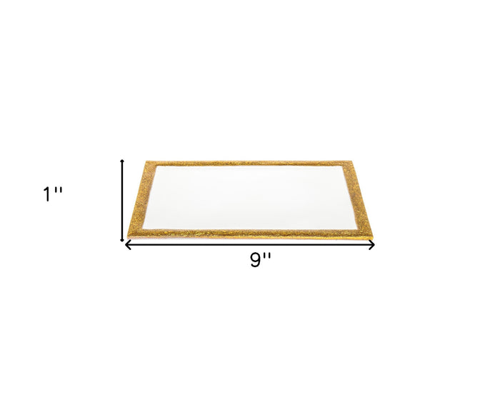9" Gold and White Rectangular Metal Serving Tray