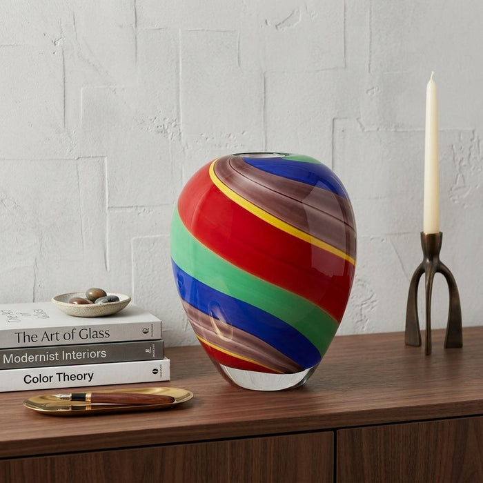 9" Red Blue and Green Striped Murano Style Art Glass Table Vase