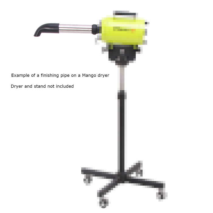 Finishing pipe attached to a yellow Mango pet dryer mounted on a wheeled stand
