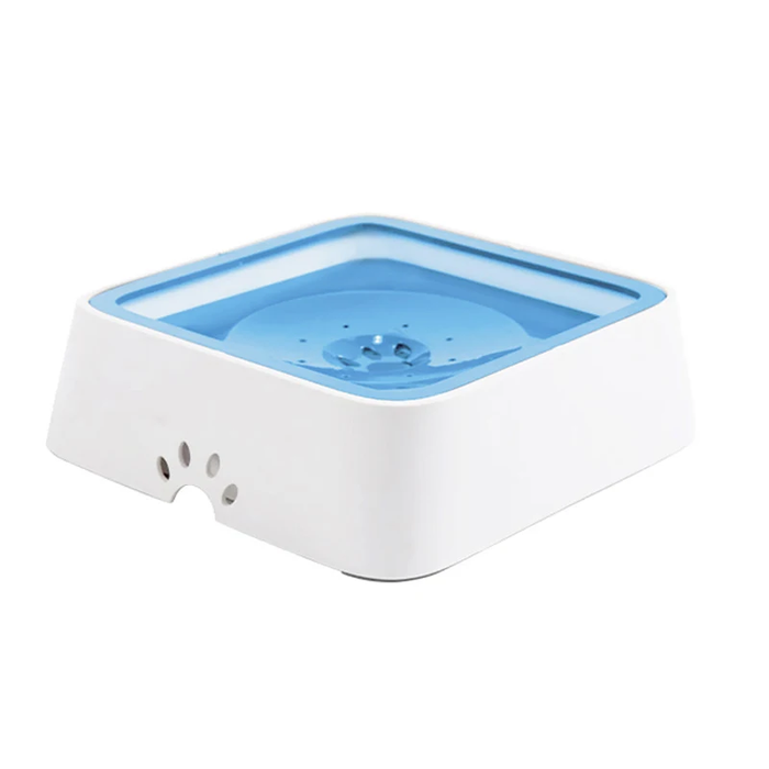 White anti-splash pet bowl with a blue perforated inner tray to reduce water spillage