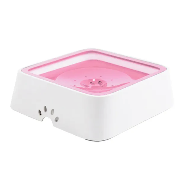White anti-splash pet bowl with a pink perforated inner tray to reduce water spillage