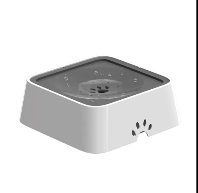 Grey anti-splash pet bowl with a paw-print cutout on the side, angled view