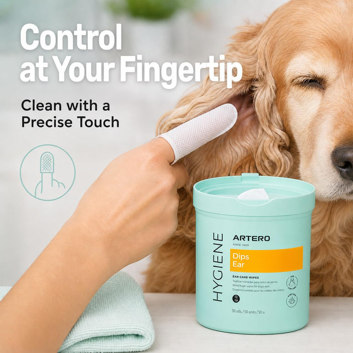 Finger ear wipe cleaning a golden retriever's ear beside a tub of Artero ear cleaning wipes