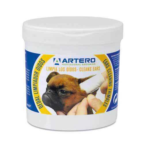 Tub of Artero disposable ear cleaning wipes being used on a dog's ear