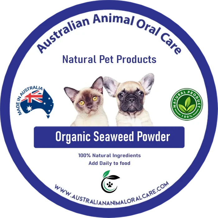 Round Australian Animal Oral Care Organic Seaweed Powder label featuring a cat and a puppy