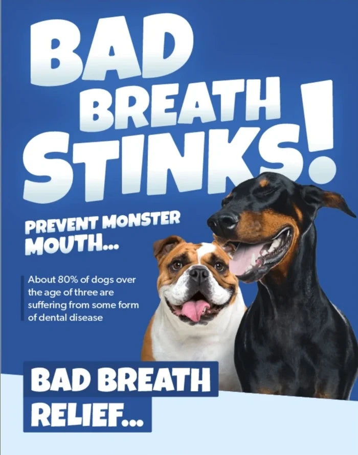 Bad breath awareness graphic featuring a bulldog and a doberman with text about dental disease in dogs