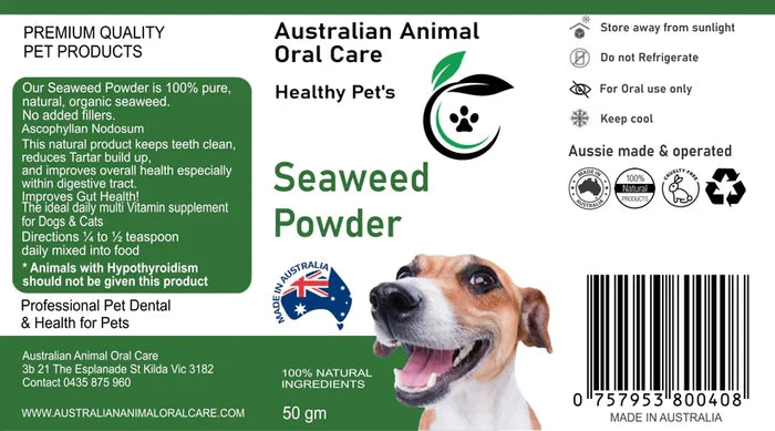 Product label for 50g Seaweed Powder listing ingredients, benefits and usage directions, with a dog photo and barcode