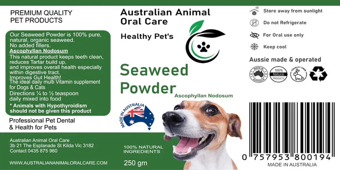 Product label for 250g Seaweed Powder listing ingredients, directions and a dog photo, with barcode