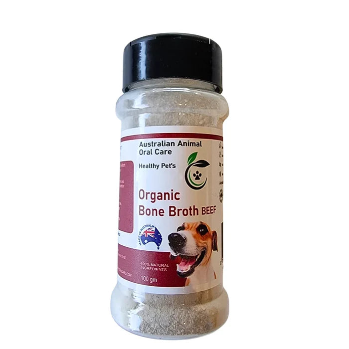 Jar of Australian Animal Oral Care Organic Beef Bone Broth powder with a black lid