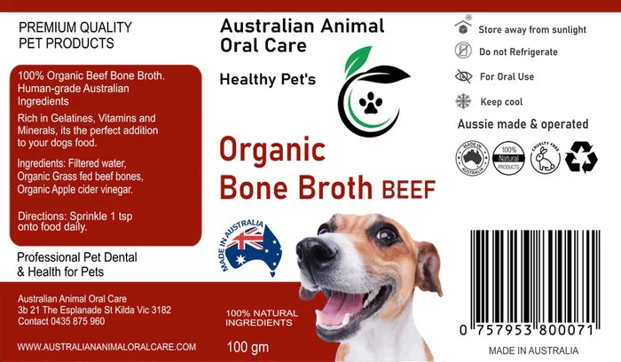Product label for Organic Beef Bone Broth powder listing ingredients, directions and a dog photo