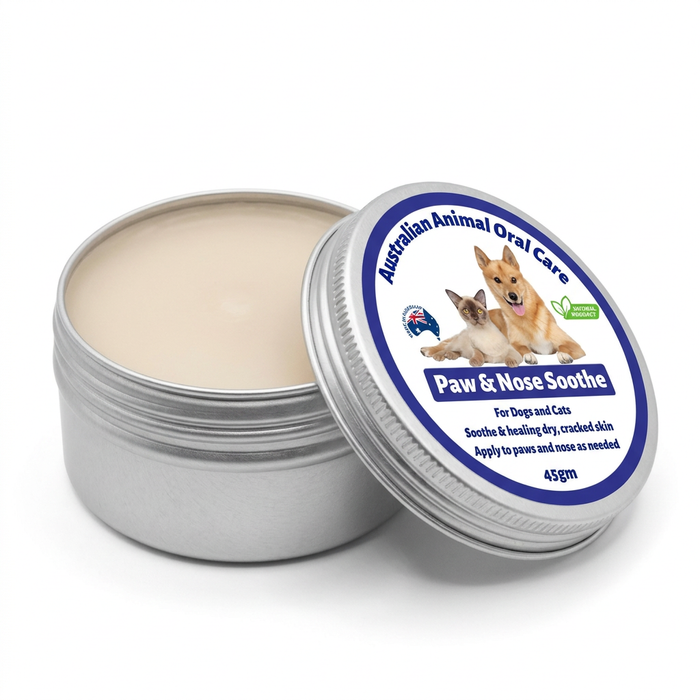 Open tin of Australian Animal Oral Care Paw & Nose Soothe balm showing the cream inside, 45g